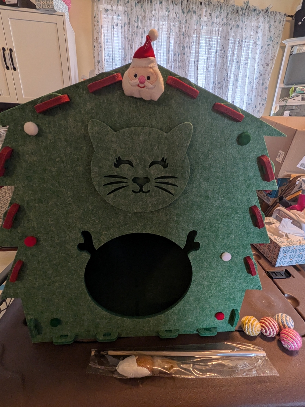 Festive Green Cat House With Toys